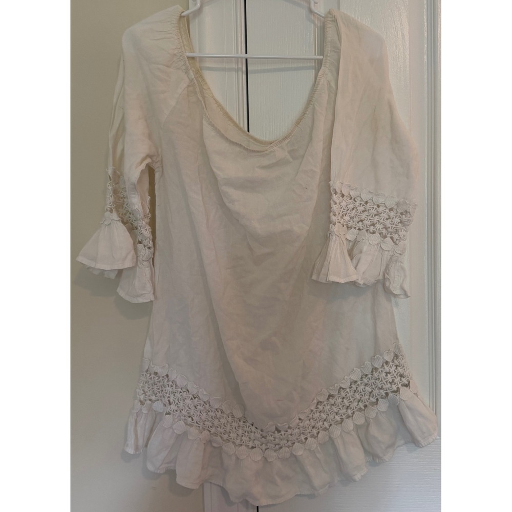 Cute Options White Cotton Crochet Lace Tunic Top Boho Ruffle Bell Sleeve Large